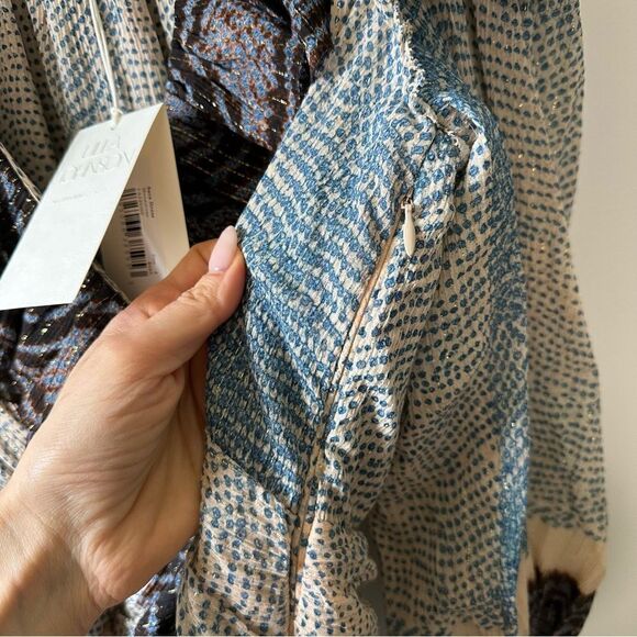 Ulla Johnson Sara Metallic Blue Stripe Ruffle Long Sleeve Silk Mini Dress - Picture 9 of 10